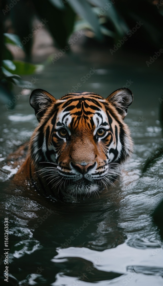 Fototapeta premium A majestic tiger wades through water, surrounded by lush greenery.