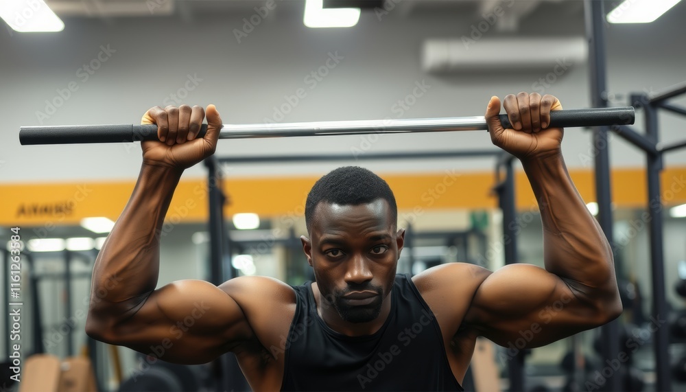 Naklejka premium A focused individual engages in a challenging exercise, lifting a barbell overhead with impressive strength and determination