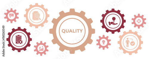 QUALITY ASSURANCE AND STANDARD Banner Vector Concept Featuring Icons for Audits, ISO Standards, Process Optimization, and Solutions