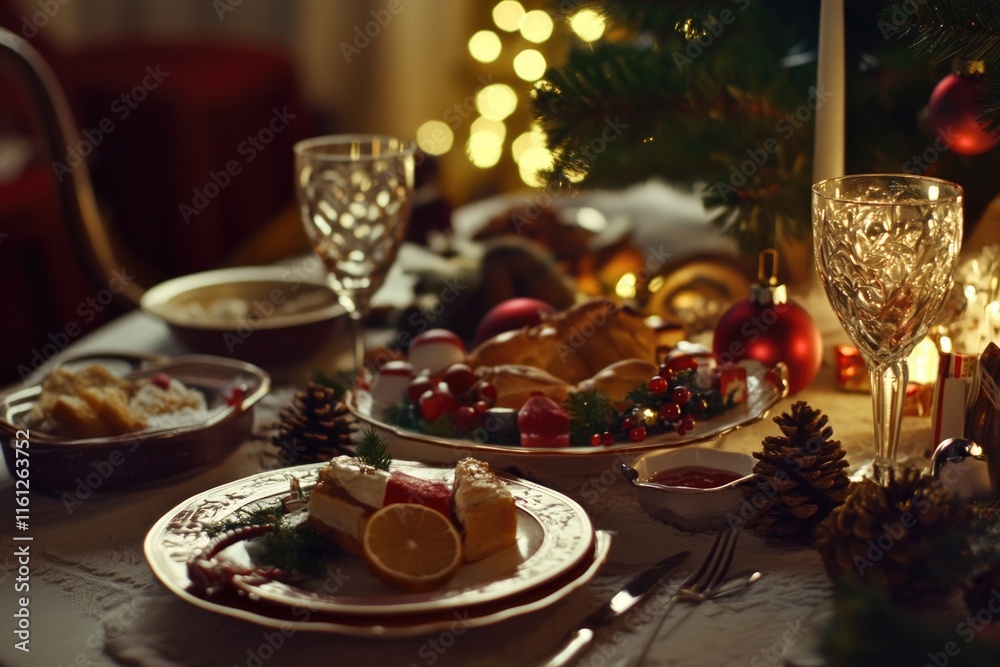 A festive table setting with a lit Christmas tree in the background, perfect for holidays and celebrations A festive table setting with a lit Christmas tree in the background, perfect for holidays and celebrations
