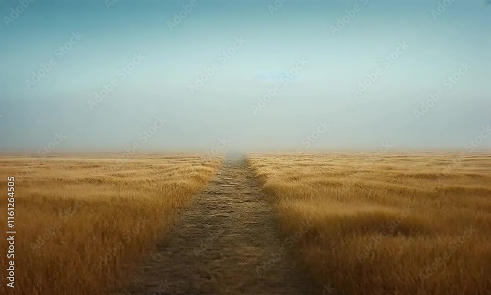 A misty landscape with a path leading through golden grass under a serene sky. A misty landscape with a path leading through golden grass under a serene sky.