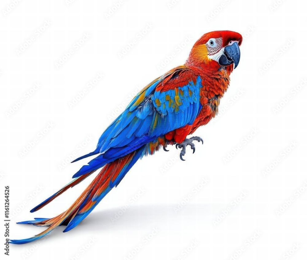 Fototapeta premium Vibrant parrot with colorful feathers perched in mid-flight against a white background