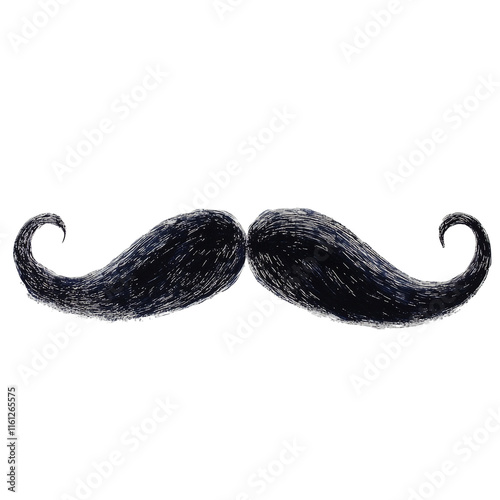 A dashing, hand-drawn illustration of a magnificent handlebar mustache, dark and detailed, against a stark black background. photo