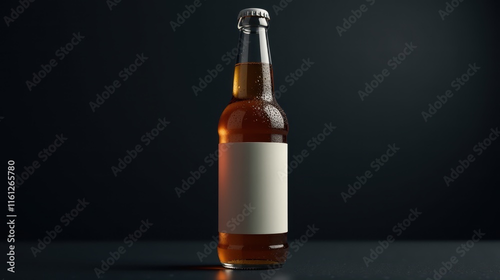 Chilled amber beer bottle with blank label against dark background, showcasing condensation droplets for a refreshing look Chilled amber beer bottle with blank label against dark background, showcasing condensation droplets for a refreshing look