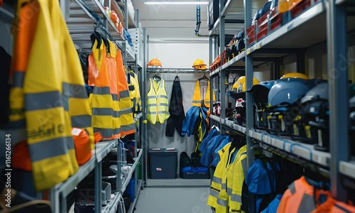 A storage area filled with safety gear, helmets, and reflective vests for industrial use.