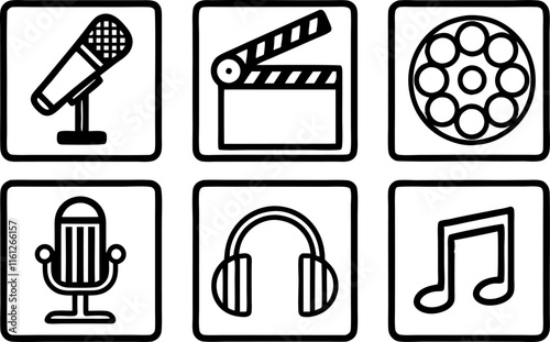 line icon set, line art symbol of media and entertainment outline icon vector art illustration isolated on transparent background