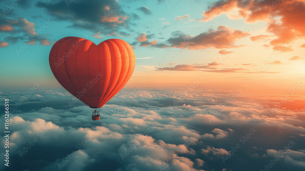 Obraz premium Hot air balloon in heart shape against cloudy sky at sunset. Abstract Romantic Banner. Valentine's Day Background. Love concept