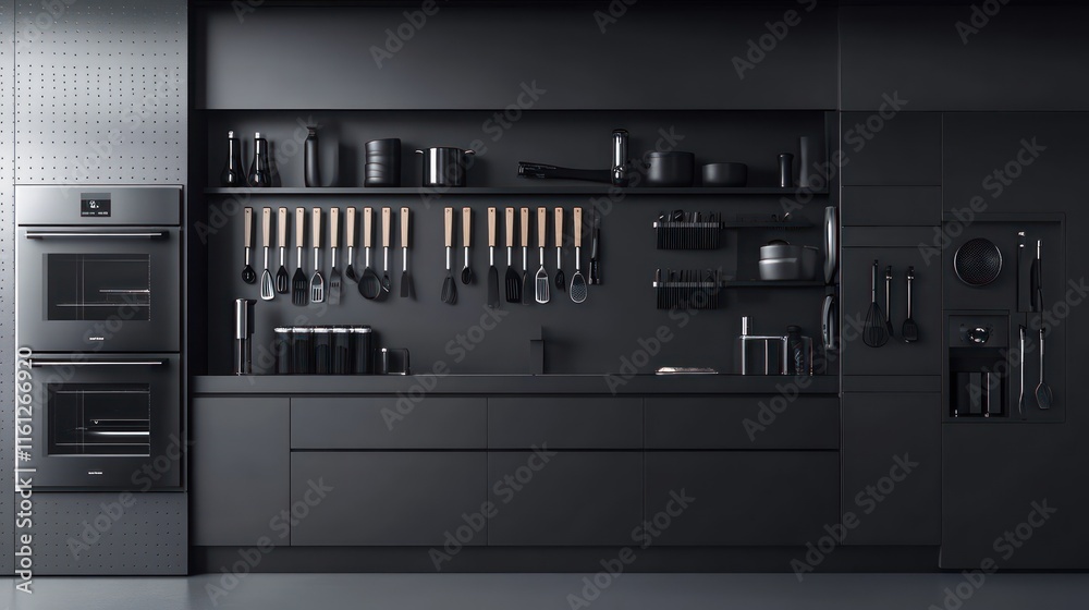 A minimalistic kitchen with magnetic utensil walls, hidden appliances, and sleek black accents A minimalistic kitchen with magnetic utensil walls, hidden appliances, and sleek black accents