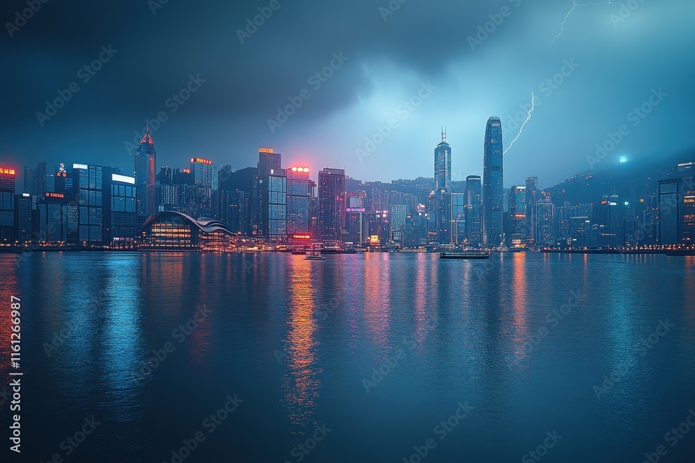 Fototapeta premium A vibrant city skyline reflects in the water as dark clouds gather overhead. Lightning flashes in the distance, illuminating the towering buildings during the night storm.