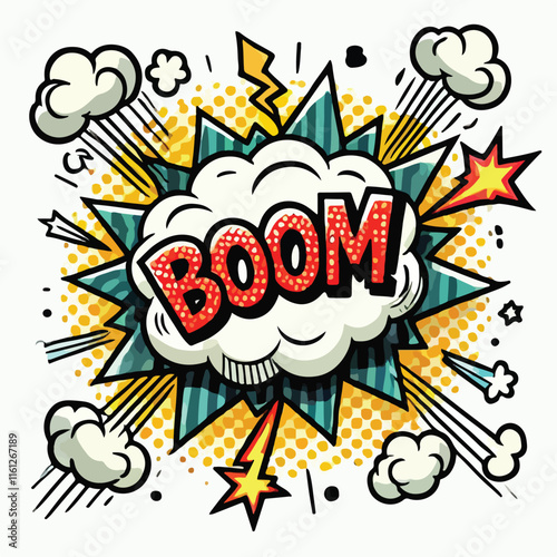 Cartoon comic sign burst cloud. Speech bubble, boom sign expression and   on a white background