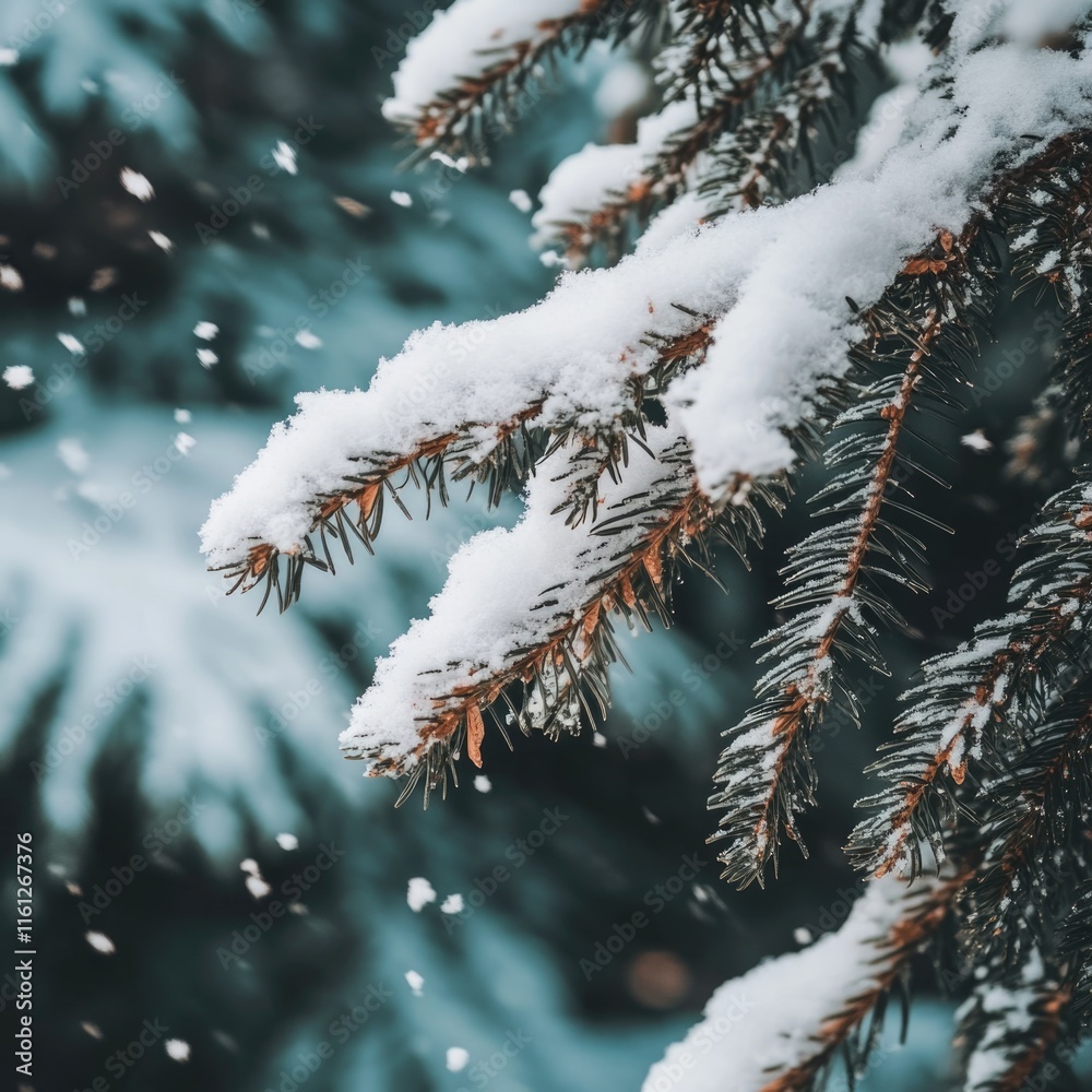 A close-up shot of a pine tree covered in fresh snow, great for winter scenes and festive decorations A close-up shot of a pine tree covered in fresh snow, great for winter scenes and festive decorations