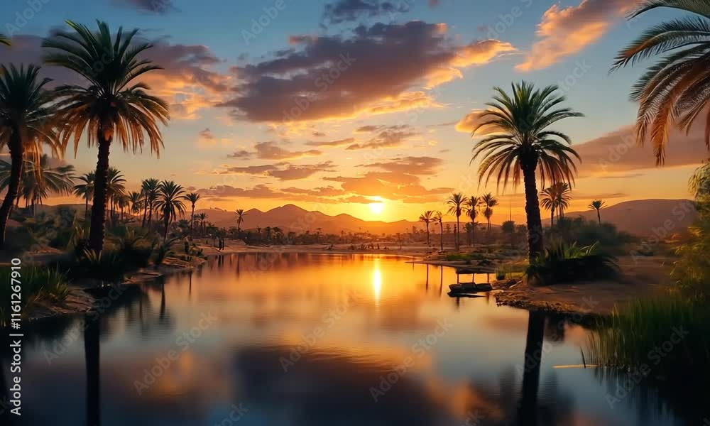 A serene sunset over a river, surrounded by palm trees and mountains. A serene sunset over a river, surrounded by palm trees and mountains.