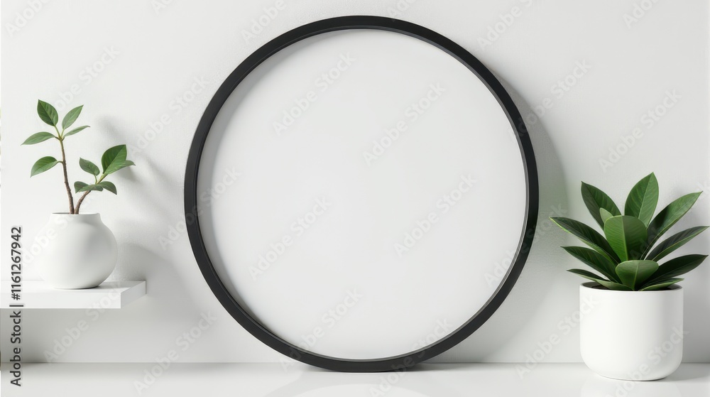 A minimalist interior features a blank black round frame flanked by two potted green plants on a white shelf, creating a serene and modern aesthetic A minimalist interior features a blank black round frame flanked by two potted green plants on a white shelf, creating a serene and modern aesthetic