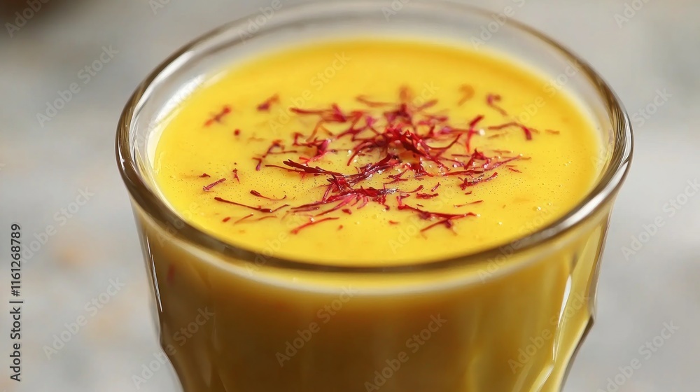 A glass of golden saffron drink garnished with saffron strands. A glass of golden saffron drink garnished with saffron strands.