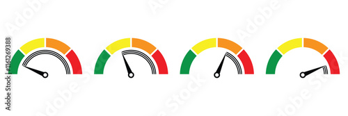 Speedometer icon with arrow. Meter for dashboard with green, yellow, red indicators. Speedometer vector icons. Speed scale. Slow, medium, good and maximum indicator. Gauge dashboard credit score level