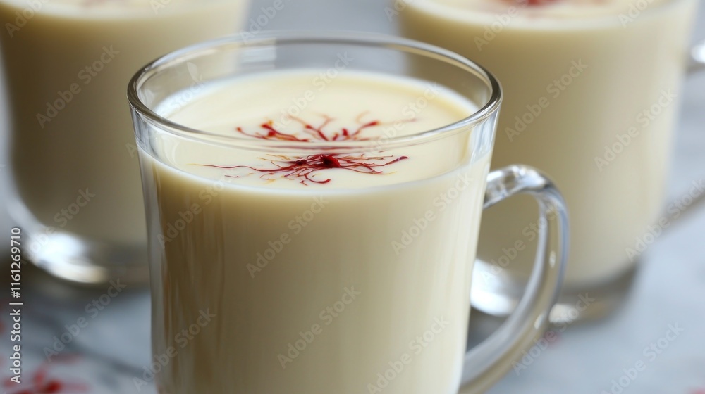 Creamy beverage topped with saffron strands in glass mugs. Creamy beverage topped with saffron strands in glass mugs.