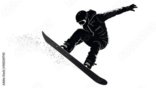 Silhouette of a snowboarder jumping isolated.
