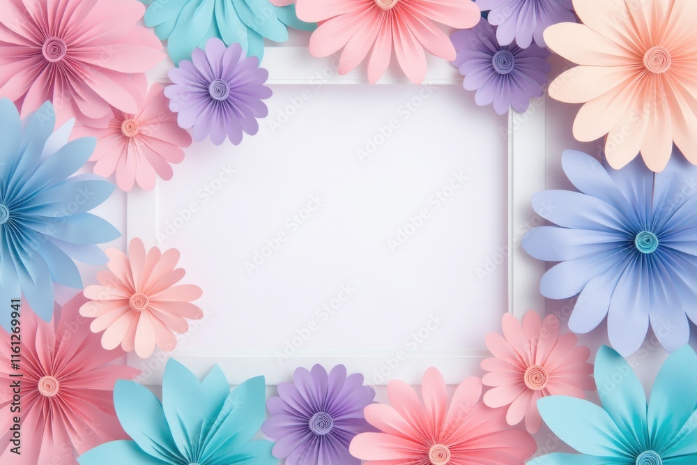 Colorful paper flowers surrounding a white frame Colorful paper flowers surrounding a white frame