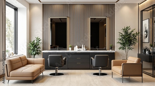 Modern salon interior with elegant design featuring plush seating and stylish mirrors