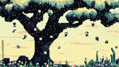 A playful 8-bit pixel art of a glowing pixelated tree with pixelated glowing acorns, surrounded by tiny pixelated squirrels playing on its branches, with sparkling grass and flowers under a  photo