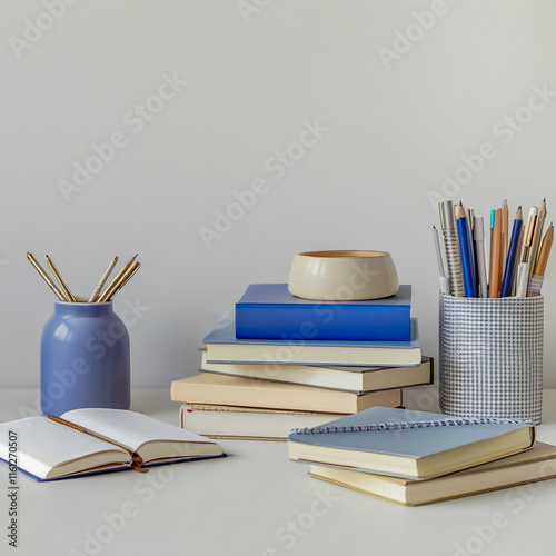 A tidy study desk with books, notebooks, and a planner neatly arranged isolated on white background photo