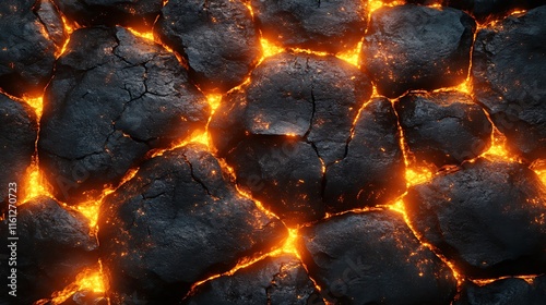 Molten Lava Flows Through Cracked Volcanic Rocks photo