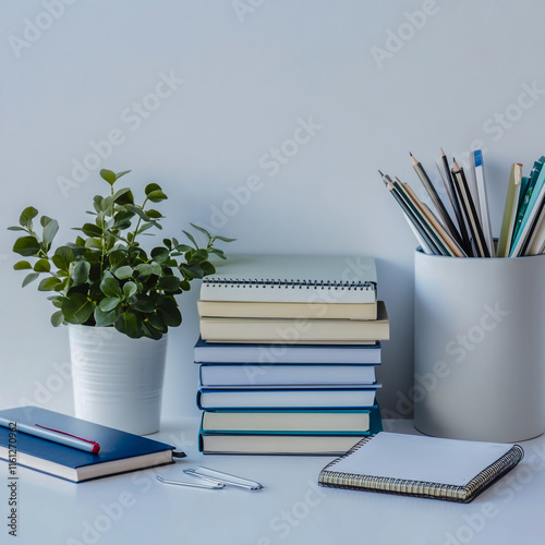 A tidy study desk with books, notebooks, and a planner neatly arranged isolated on white background photo