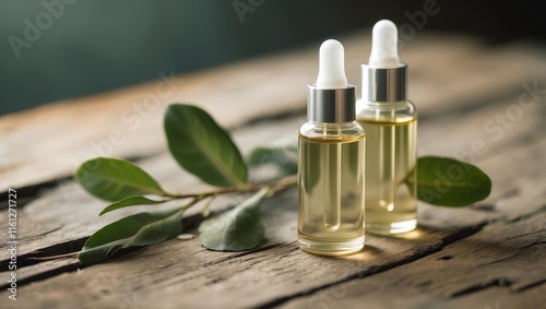 Two glass bottles of cosmetic serum or oil on a wooden surface with leaves photo