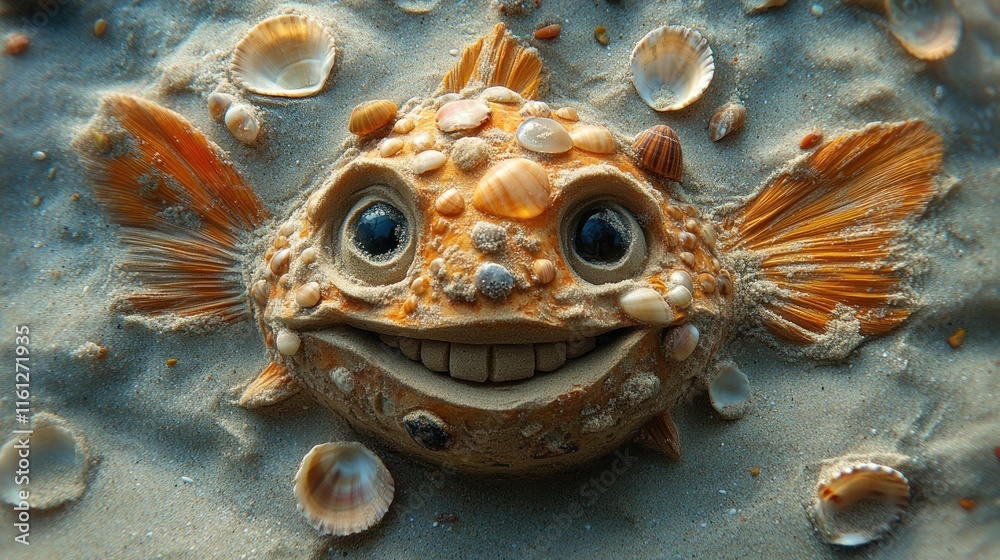 A whimsical fish made of seashells with a smiling face, resting on sandy ocean floor. A whimsical fish made of seashells with a smiling face, resting on sandy ocean floor.