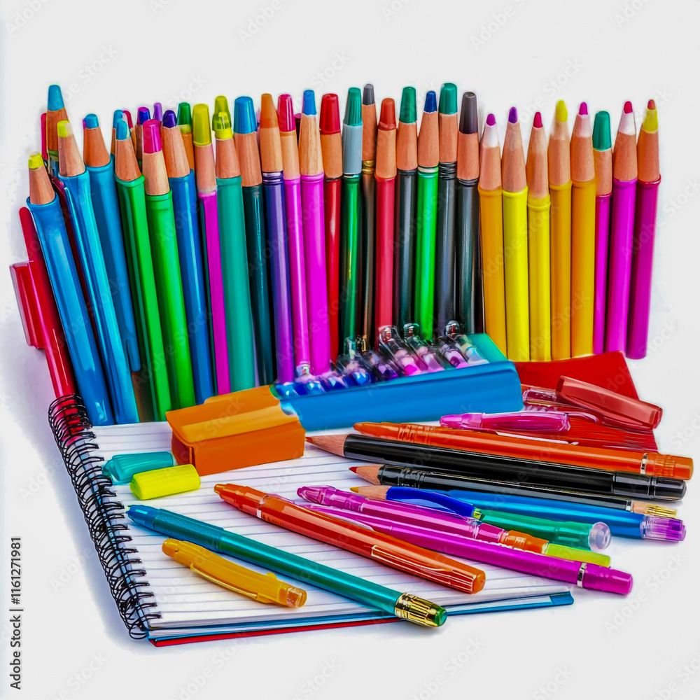 A vibrant mix of pens, markers, and notebooks for creative school projects isolated on white background A vibrant mix of pens, markers, and notebooks for creative school projects isolated on white background