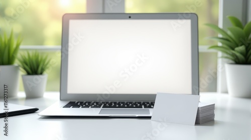 A laptop with a blank screen sits on a white desk surrounded by green potted plants and notebooks, creating a serene workspace by the window