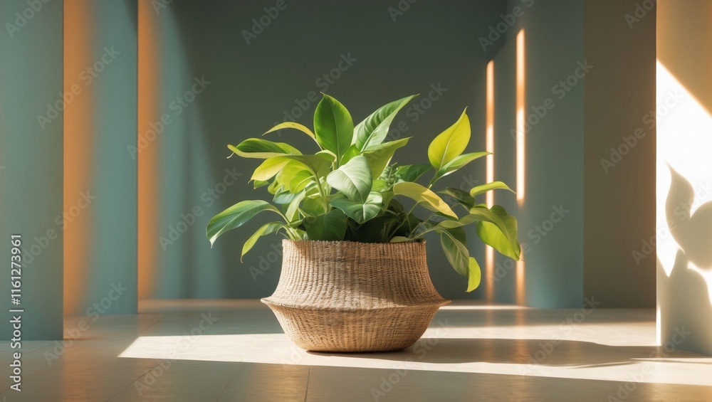 Fototapeta premium Plant in woven basket casting shadows in a bright indoor space