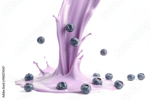 A splash of purple liquid with blueberries, creating a vibrant and appetizing scene.