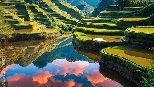 Breathtaking Mirror Reflection of Yuanyang Rice Terraces, Capturing the Majestic Beauty of Nature and the Tranquility of the Scenic Landscape photo