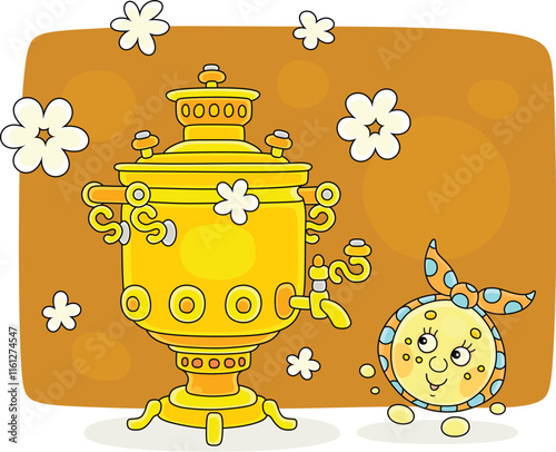 Funny round loaf Kolobok dancing merrily on a village table with an old traditional samovar, vector cartoon illustration