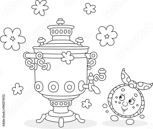 Funny round loaf Kolobok dancing merrily on a village table with an old traditional samovar, black and white outlined vector illustrations for a coloring book