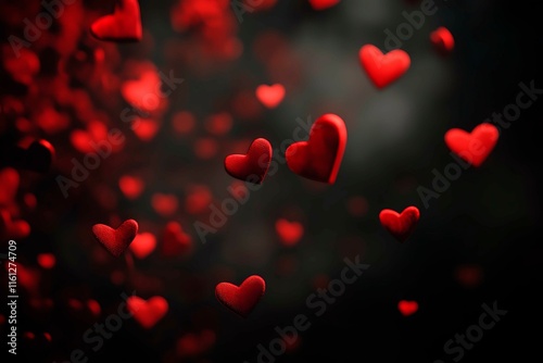 An abstract Valentine's Day background filled with swirling hearts in vibrant reds and pinks, evoking love and romance in a dreamy design.