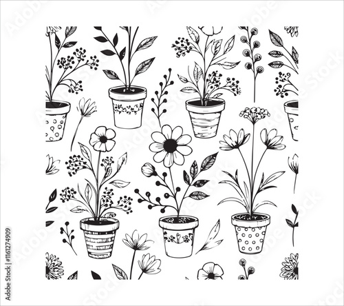 
Set of continuous one line drawing of a flowers in a pots with background