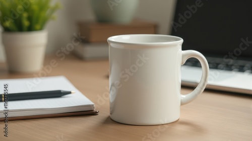 A white coffee mug sits on a wooden desk alongside a laptop, notepad, and plant, creating a cozy workspace vibe