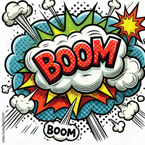 Cartoon comic sign burst cloud. Speech bubble, boom sign expression and   on a white background