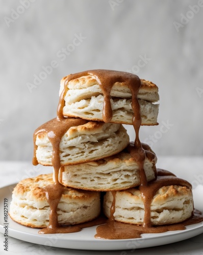 Stack of fluffy biscuits with creamy cinnamon sauce on white plate photo