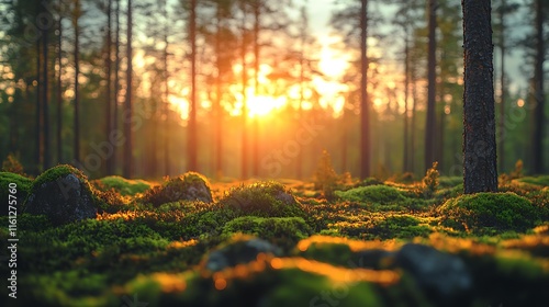 Golden sunlight filters through trees, illuminating a serene forest landscape at sunset photo