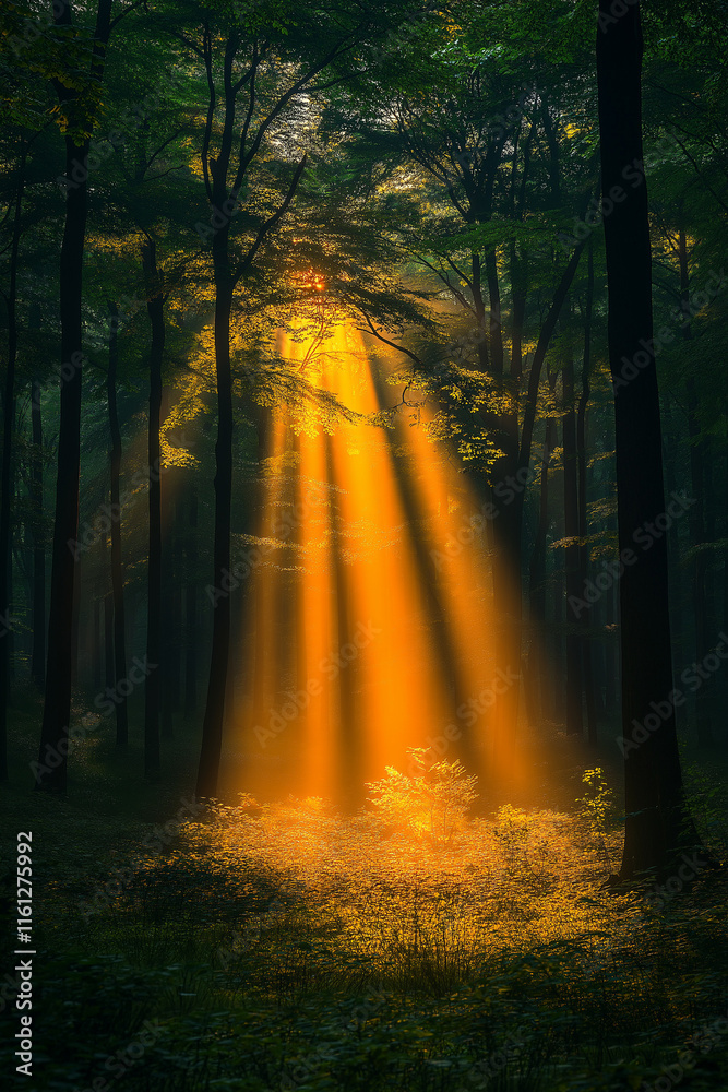 Fototapeta premium Photo réaliste d’une forêt mystique, baignée par des rayons de soleil dorés traversant les arbres, avec une légère brume s’élevant doucement du sol forestier, créant une atmosphère magique et éthérée