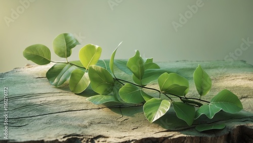 Green leaves arranged on a textured surface with a gentle color gradient in a natural light setting photo