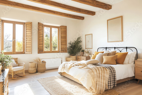 Warm sunlight illuminating cozy rustic bedroom with wooden beams and shutters