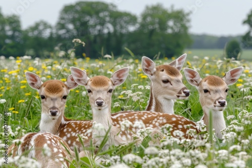 A serene gathering of deer in their natural habitat, gracefully roaming the woodland area photo