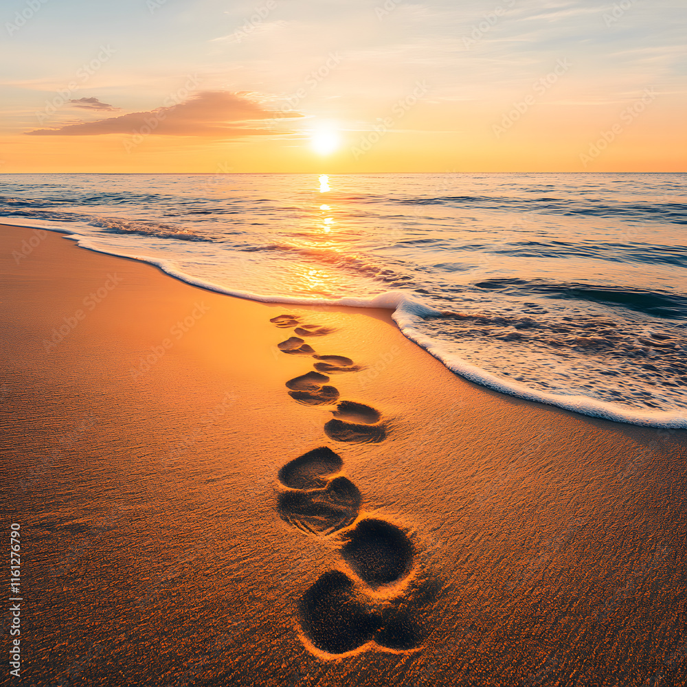 Sunrise over a calm ocean, with gentle waves lapping at the shore. In the foreground, a single pair of footprints is visible in the wet sand Sunrise over a calm ocean, with gentle waves lapping at the shore. In the foreground, a single pair of footprints is visible in the wet sand