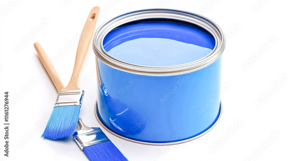 Blue Paint Can with Brush for Painting and Decorating Projects Blue Paint Can with Brush for Painting and Decorating Projects