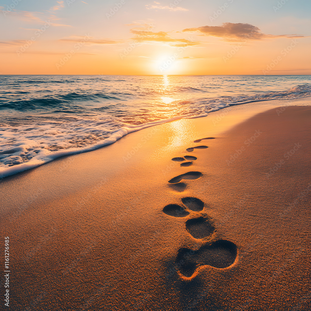 Sunrise over a calm ocean, with gentle waves lapping at the shore. In the foreground, a single pair of footprints is visible in the wet sand Sunrise over a calm ocean, with gentle waves lapping at the shore. In the foreground, a single pair of footprints is visible in the wet sand