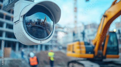 Construction site surveillance excavator work urban environment photography safety perspective monitoring progress photo